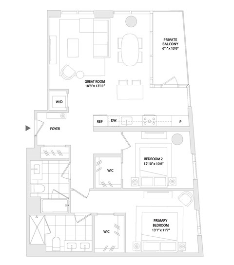 Floor plan for 2 beds, 2 baths, 1152 sqft